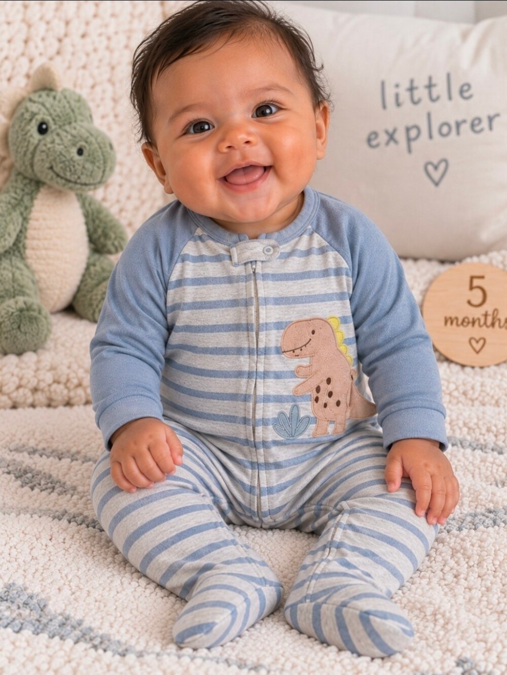 3-6 Month Gerber Blue and Gray Striped Dino One-Piece